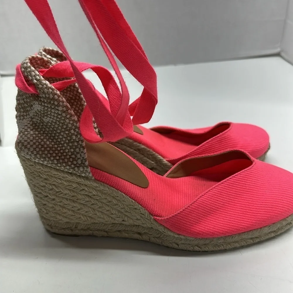 Castaner Espadrilles Wedges Sandals Wrap Around Shoe Lace Up Neon Pink Size US 9